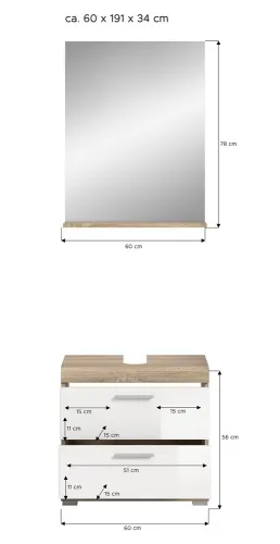 Badezimmer-Set Lambada 4 | weiß Hochglanz / Sonoma Eiche hell | 2-teilig | optional Beleuchtung