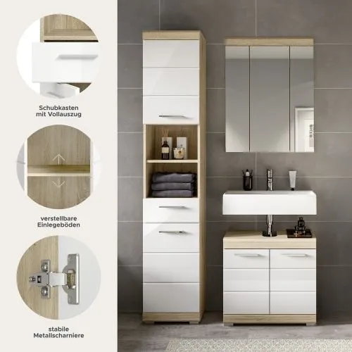 Badezimmer-Set Lambada | weiß Hochglanz / Sonoma Eiche hell | 3-teilig