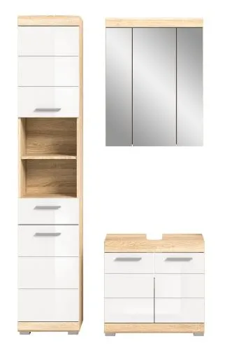 Badezimmer-Set Lambada, 3-teilig, im Badezimmer, Hochschrank mit offenen Fächern, Spiegelschrank, Waschtisch mit Unterschrank – Ansicht 2