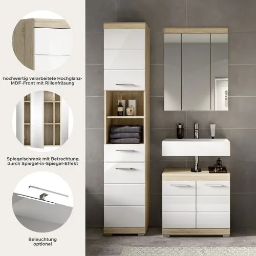 Badezimmer-Set Lambada, 3-teilig, im Badezimmer, Hochschrank mit offenen Fächern, Spiegelschrank, Waschtisch mit Unterschrank – Ansicht 10