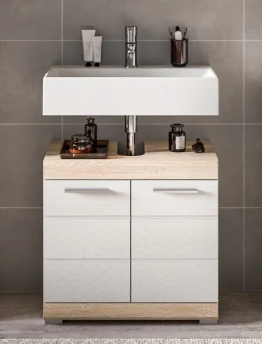 Badezimmer-Set Lambada | weiß Hochglanz / Sonoma Eiche hell | 3-teilig mit Aufsatzleuchte