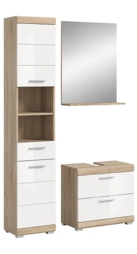 Badezimmer-Set Lambada 4 | weiß Hochglanz / Sonoma Eiche hell | 3-teilig | mit Aufsatzleuchte