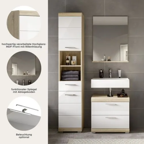 Badezimmer-Set Lambada 4 | weiß Hochglanz / Sonoma Eiche hell | 3-teilig | ohne Aufsatzleuchte