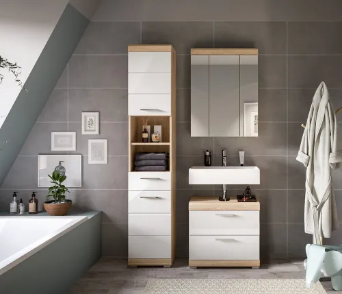 Badezimmer-Set Lambada 3 | weiß Hochglanz / Sonoma Eiche hell | 3-teilig | ohne Aufsatzleuchte