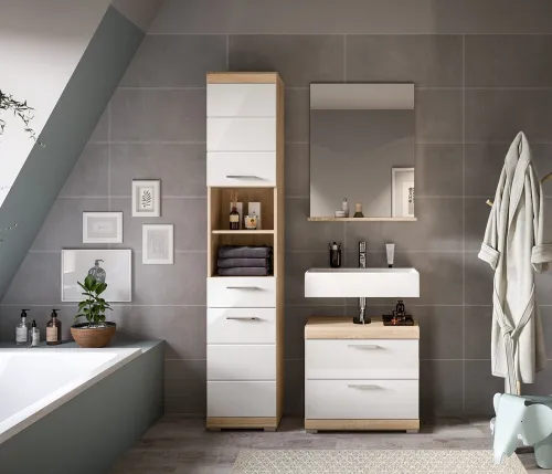 Badezimmer-Set Lambada 4 | weiß Hochglanz / Sonoma Eiche hell | 3-teilig | optional Beleuchtung