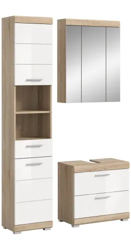 Badezimmer-Set Lambada 3 | weiß Hochglanz / Sonoma Eiche hell | 3-teilig | optional Beleuchtung