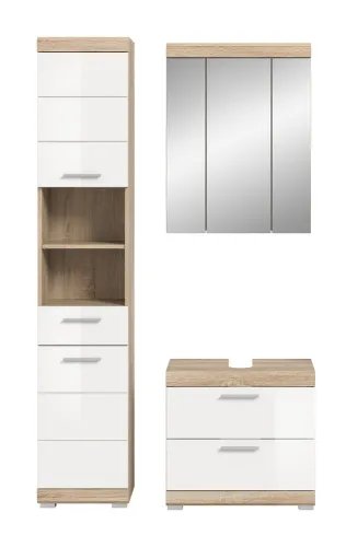 Badezimmer-Set Lambada 3 | weiß Hochglanz / Sonoma Eiche hell | 3-teilig | optional Beleuchtung