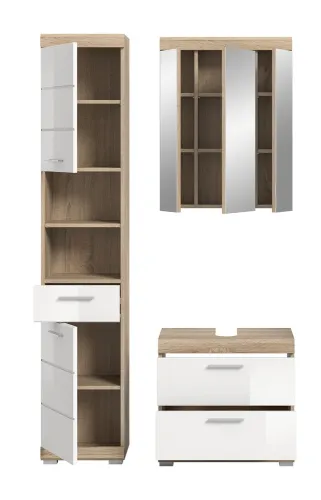 Badezimmer-Set Lambada 3 | weiß Hochglanz / Sonoma Eiche hell | 3-teilig | optional Beleuchtung