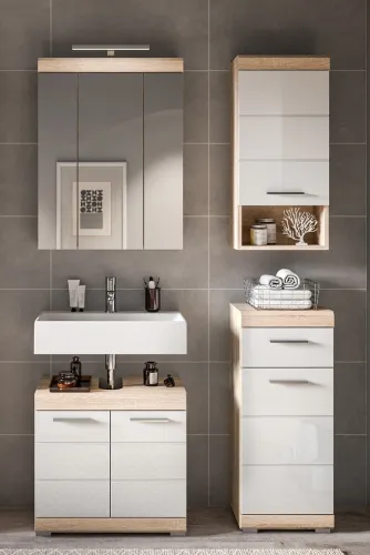 Badezimmer-Set Lambada | weiß Hochglanz / Sonoma Eiche hell | 4-teilig