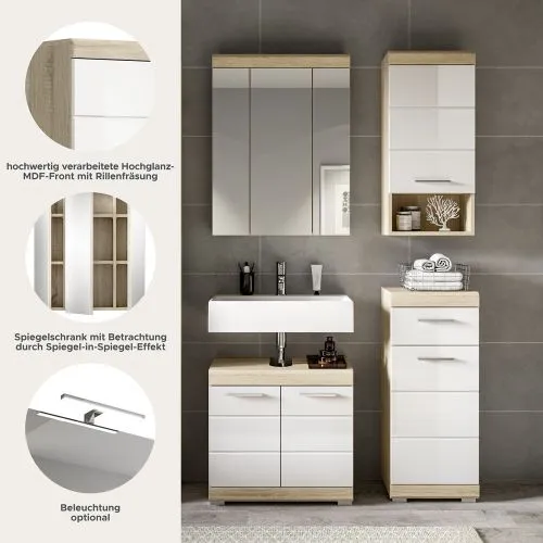 Badezimmer-Set Lambada | weiß Hochglanz / Sonoma Eiche hell | 4-teilig