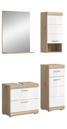 Badezimmer-Set Lambada 4 | weiß Hochglanz / Sonoma Eiche hell | 4-teilig | mit Aufsatzleuchte