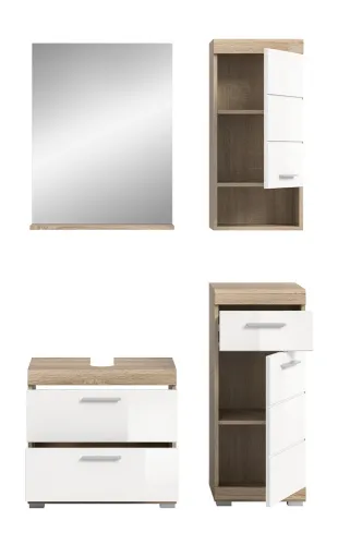 Badezimmer-Set Lambada 4 | weiß Hochglanz / Sonoma Eiche hell | 4-teilig | mit Aufsatzleuchte