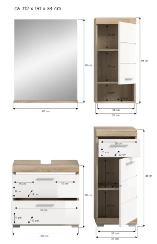 Badezimmer-Set Lambada 4 | weiß Hochglanz / Sonoma Eiche hell | 4-teilig | mit Aufsatzleuchte
