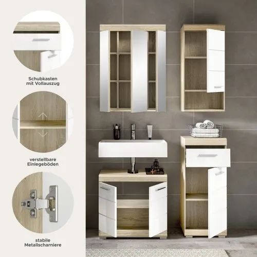 Badezimmer-Set Lambada | weiß Hochglanz / Sonoma Eiche hell | 4-teilig ohne Aufsatzleuchte