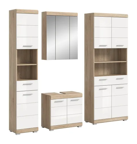 Badezimmer-Set Lambada 4 | weiß Hochglanz / Sonoma Eiche hell | 4-teilig | optional Beleuchtung