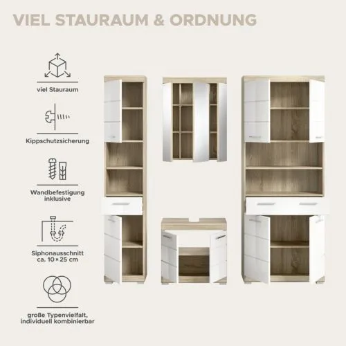 Badezimmer-Set Lambada 4 | weiß Hochglanz / Sonoma Eiche hell | 4-teilig | optional Beleuchtung