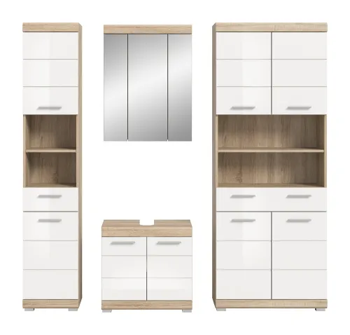 Badezimmer-Set Lambada 4 | weiß Hochglanz / Sonoma Eiche hell | 4-teilig | optional Beleuchtung