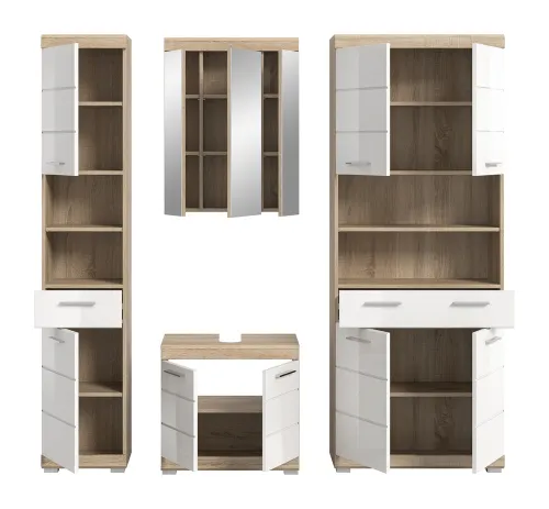 Badezimmer-Set Lambada 4 | weiß Hochglanz / Sonoma Eiche hell | 4-teilig | optional Beleuchtung