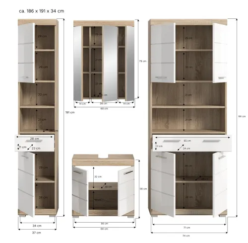 Badezimmer-Set Lambada 4 | weiß Hochglanz / Sonoma Eiche hell | 4-teilig | optional Beleuchtung