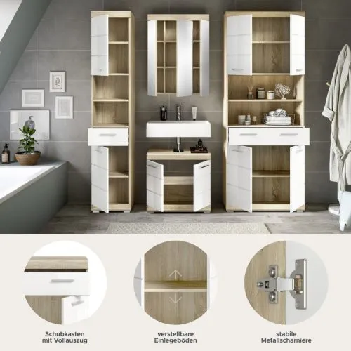 Badezimmer-Set Lambada 4 | weiß Hochglanz / Sonoma Eiche hell | 4-teilig | optional Beleuchtung