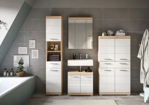 Badezimmer-Set Lambada 6 | weiß Hochglanz / Sonoma Eiche hell | 4-teilig | optional Beleuchtung