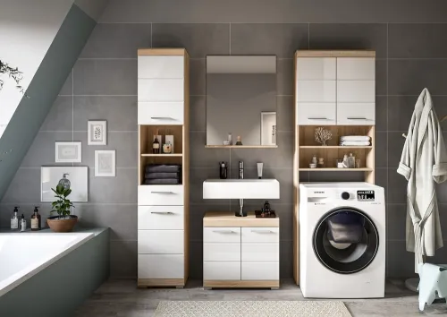 Badezimmer-Set Lambada 5 | weiß Hochglanz / Sonoma Eiche hell | 4-teilig | optional Beleuchtung