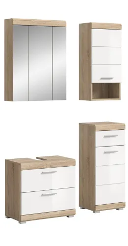 Badezimmer-Set Lambada 7 | weiß Hochglanz / Sonoma Eiche hell | 4-teilig | optional Beleuchtung