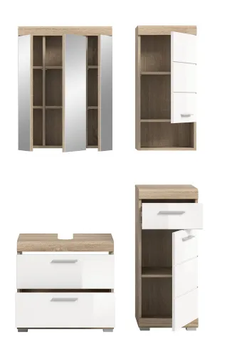Badezimmer-Set Lambada 7 | weiß Hochglanz / Sonoma Eiche hell | 4-teilig | optional Beleuchtung