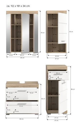 Badezimmer-Set Lambada 7 | weiß Hochglanz / Sonoma Eiche hell | 4-teilig | optional Beleuchtung