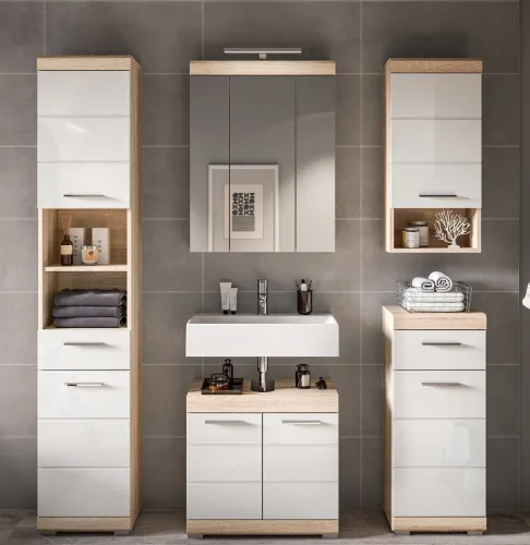 Badezimmer-Set Lambada | weiß Hochglanz / Sonoma Eiche hell | 5-teilig mit Aufsatzleuchte