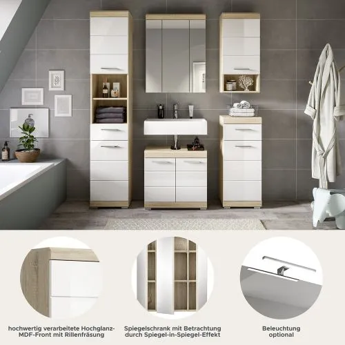 Badezimmer-Set Lambada | weiß Hochglanz / Sonoma Eiche hell | 5-teilig mit Aufsatzleuchte