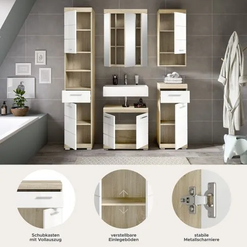 Badezimmer-Set Lambada | weiß Hochglanz / Sonoma Eiche hell | 5-teilig ohne Aufsatzleuchte