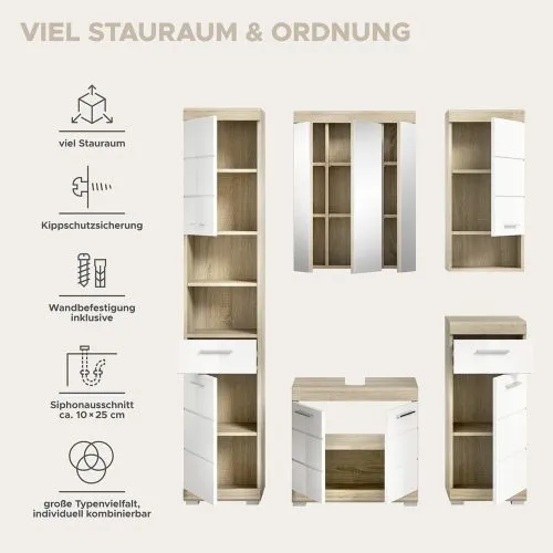 Badezimmer-Set Lambada | weiß Hochglanz / Sonoma Eiche hell | 5-teilig ohne Aufsatzleuchte