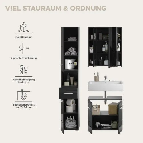 Badezimmer Set Linus | schwarz Hochglanz | 3-teilig mit Aufsatzleuchte