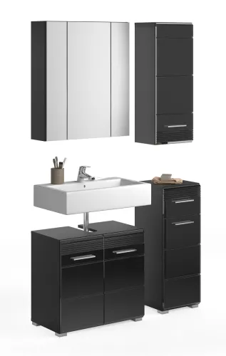 Badezimmer-Set Linus | schwarz Hochglanz | 4-teilig mit Aufsatzleuchte