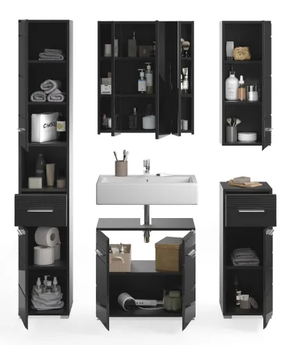 Badezimmer-Set Linus | schwarz Hochglanz | 5-teilig mit Aufsatzleuchte