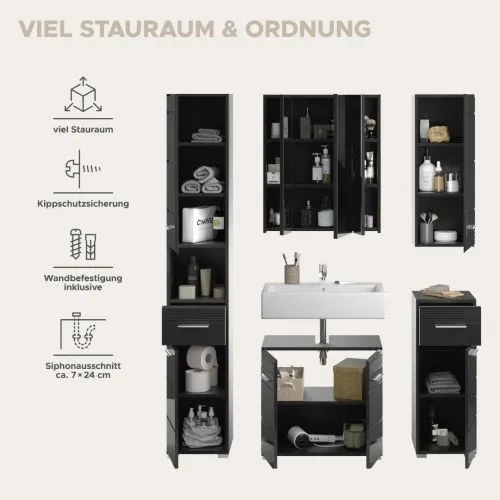 Badezimmer-Set Linus | schwarz Hochglanz | 5-teilig ohne Aufsatzleuchte