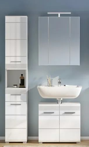 Badezimmer Set Linus | weiß Hochglanz | 3-teilig mit Aufsatzleuchte