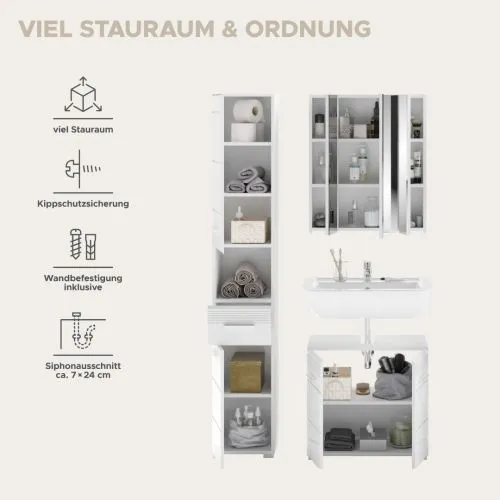 Badezimmer Set Linus | weiß Hochglanz | 3-teilig mit Aufsatzleuchte