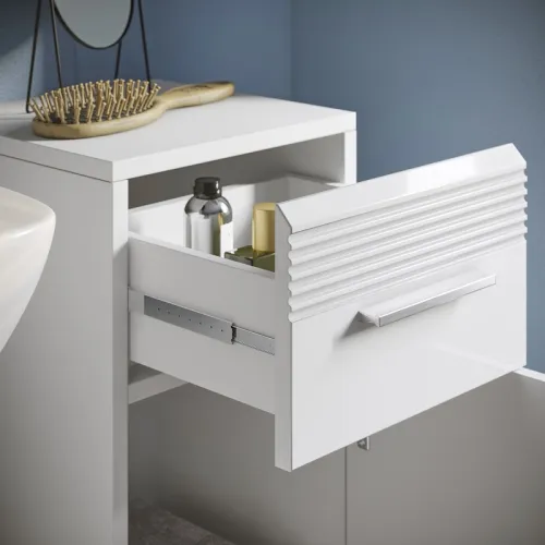 Badezimmer Set Linus | weiß Hochglanz | 3-teilig mit Aufsatzleuchte