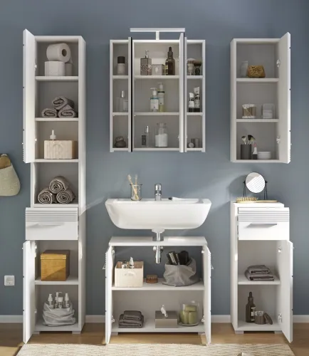 Badezimmer-Set Linus| weiß Hochglanz | 5-teilig mit Aufsatzleuchte