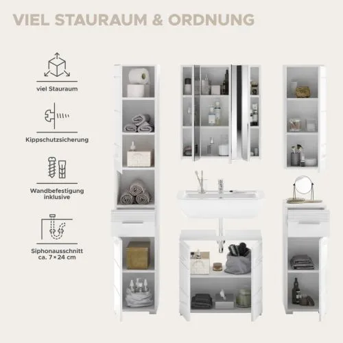 Badezimmer-Set Linus| weiß Hochglanz | 5-teilig mit Aufsatzleuchte