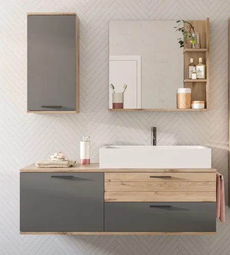 Badezimmer-Set Mason 1 | Nox Oak / Basalt grau | 4-teilig mit Handtuchhalter