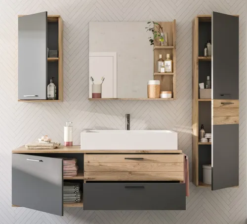 Badezimmer-Set Mason 1 | Nox Oak / Basalt grau | 5-teilig mit Handtuchhalter