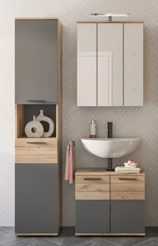 Badezimmer Set Mason | Nox Oak / Basalt grau | 3-teilig mit Aufsatzleuchte
