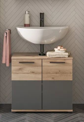 Badezimmer Set Mason | Nox Oak / Basalt grau | 3-teilig mit Aufsatzleuchte