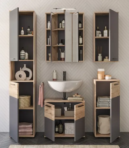 Badezimmer-Set Mason | Nox Oak / Basalt grau | 5-teilig