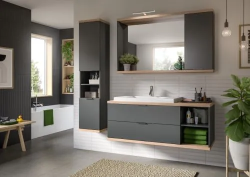 Badezimmer Set Nuaro | 3-teilig | Nox Oak / anthrazit grau mit Aufsatzleuchte