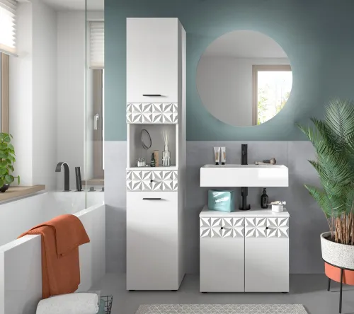 Badezimmer-Set Prisma 2 | weiß / weiß Hochglanz | 3-teilig | optional Beleuchtung