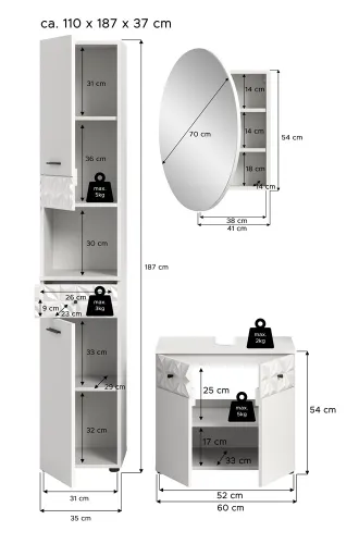 Badezimmer-Set Prisma 2 | weiß / weiß Hochglanz | 3-teilig | optional Beleuchtung